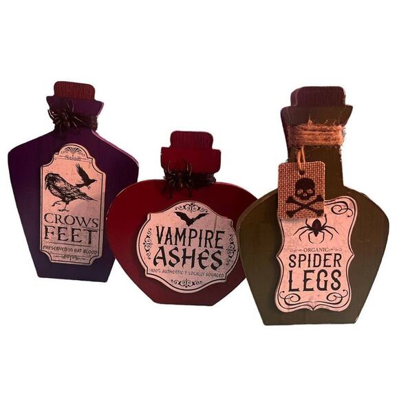 -HALLOWEEN DECOR Lot Of 3 Potion Bottles Crowfeet, Vampire Ashes, Spider Legs. - Picture 1 of 12